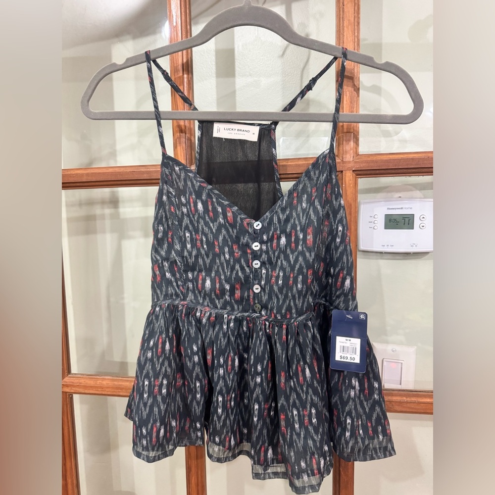 Lucky Brand  Small Sleeveless Racerback Tank Cami Top Lined Blue Pattern Boho